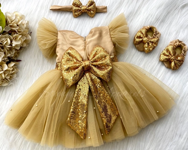 Golden Sequins Bow Ruffled Sleeves Golden Dress  - 0-3 Month