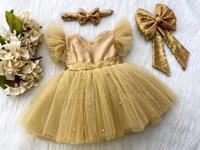 Golden Sequins Bow Ruffled Sleeves Golden Dress  - 9-12 Month