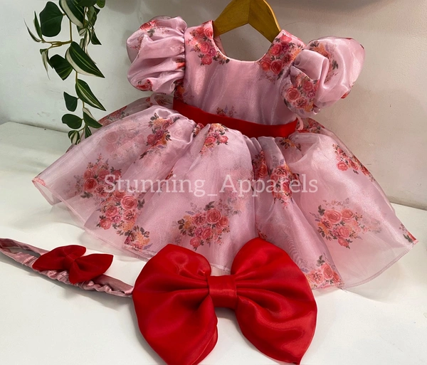 Red Bow Flower Printed Prach Organza Dress  - 2-3 Years