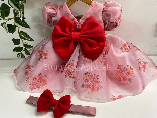 Red Bow Flower Printed Prach Organza Dress  - 4-5 Years