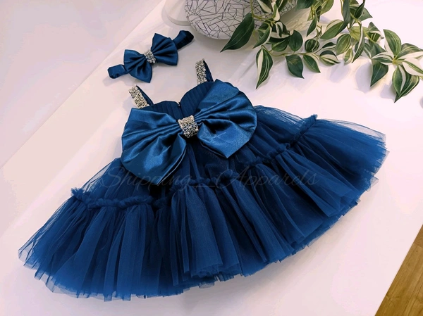 Sweetheart Neckline Hand Work Ruffled Teal Blue Dress  - 6-9month