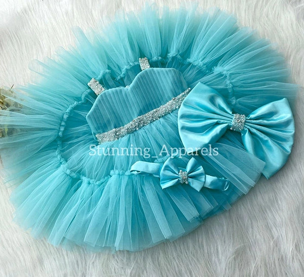Sweetheart Neckline Hand Work Strapped Sky Blue Dress  - 9-12 Month