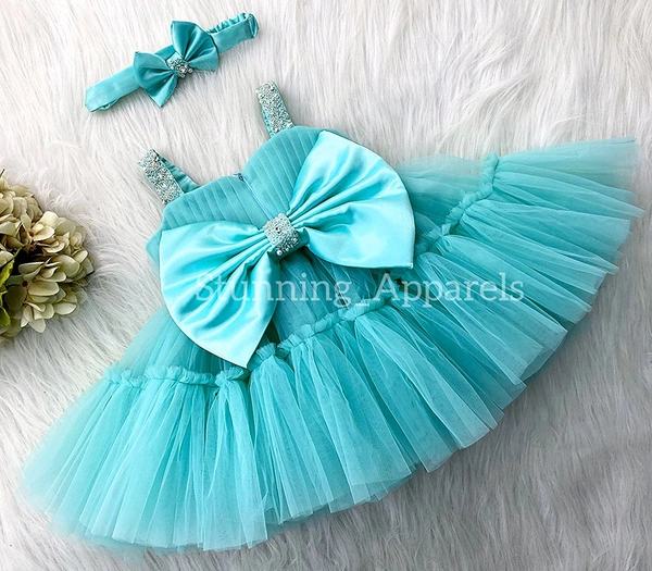 Sweetheart Neckline Hand Work Strapped Sky Blue Dress  - 9-12 Month
