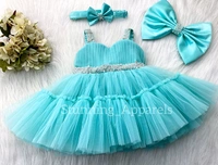 Sweetheart Neckline Hand Work Strapped Sky Blue Dress  - 1-2 Years