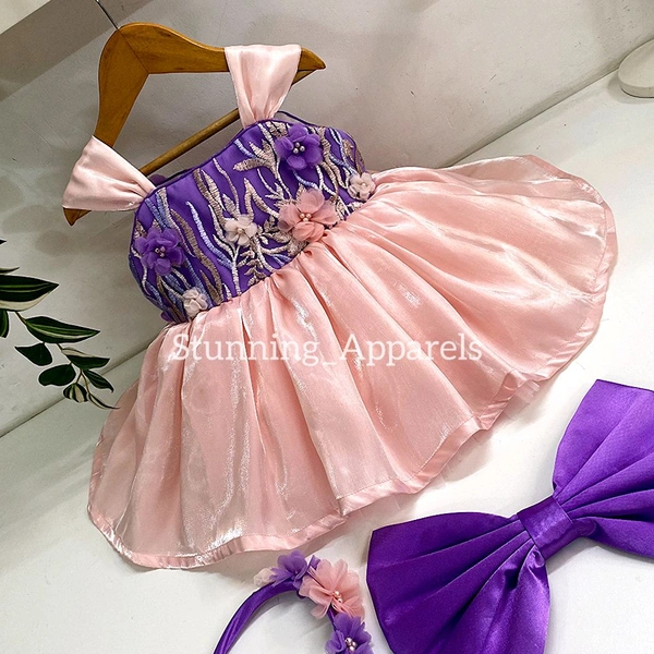 Gorgeous Flower Work Peach And Lavender Combination JDress - 3-6 Month