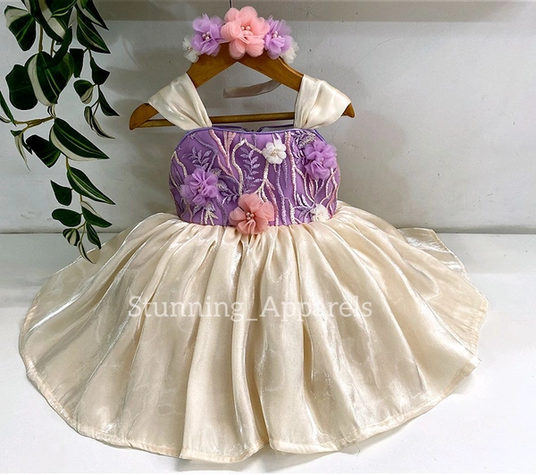 Gorgeous Flower Work Lilac And Cream Combination Dress - 0-3 Month