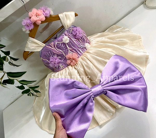 Gorgeous Flower Work Lilac And Cream Combination Dress - 6-9 Month