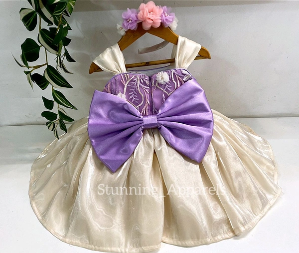 Gorgeous Flower Work Lilac And Cream Combination Dress - 6-9 Month