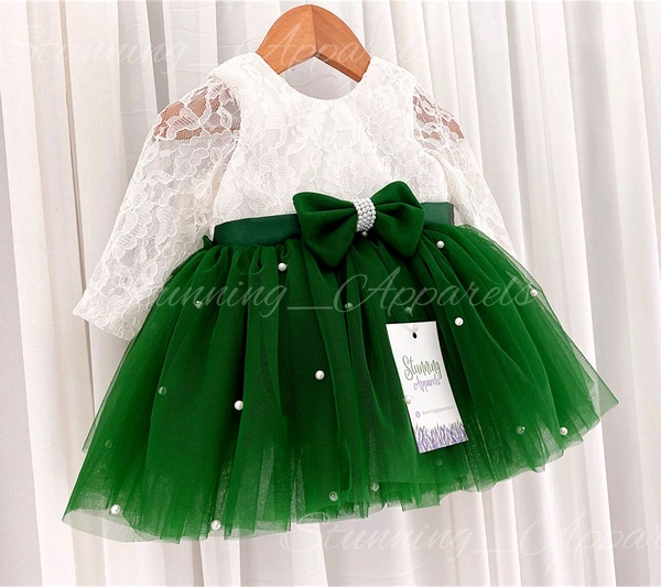 White Lace Bodice Long Sleeves Green Dress With Pearls Work  - 9-12 Month