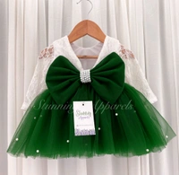 White Lace Bodice Long Sleeves Green Dress With Pearls Work  - 9-12 Month