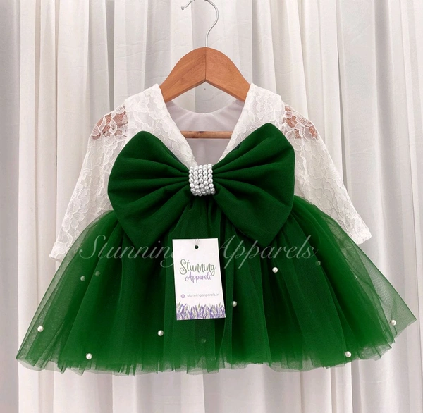 White Lace Bodice Long Sleeves Green Dress With Pearls Work  - 9-12 Month