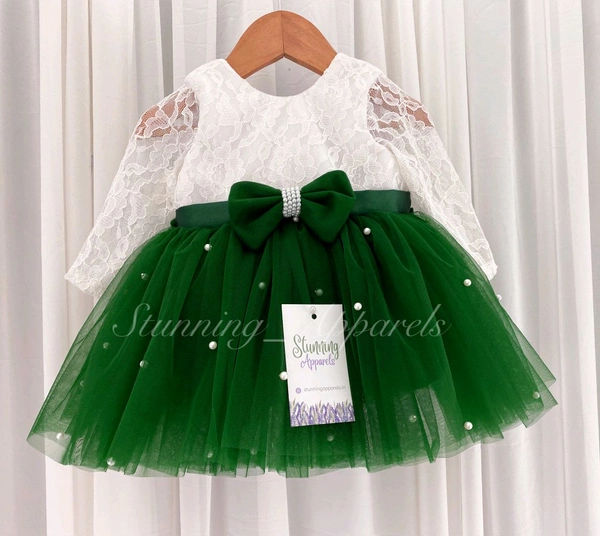 White Lace Bodice Long Sleeves Green Dress With Pearls Work  - 1-2 Years