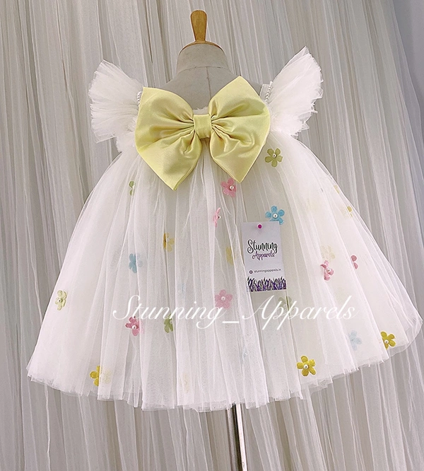 Multi Colour Flower Witk Yellow Satin Bow White Dress  - 3-4 Years