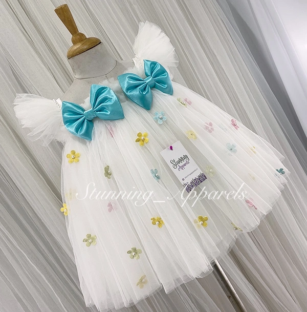 Multi Colour Flower Work Blue Satin Bow White Dress - 0-3 Month