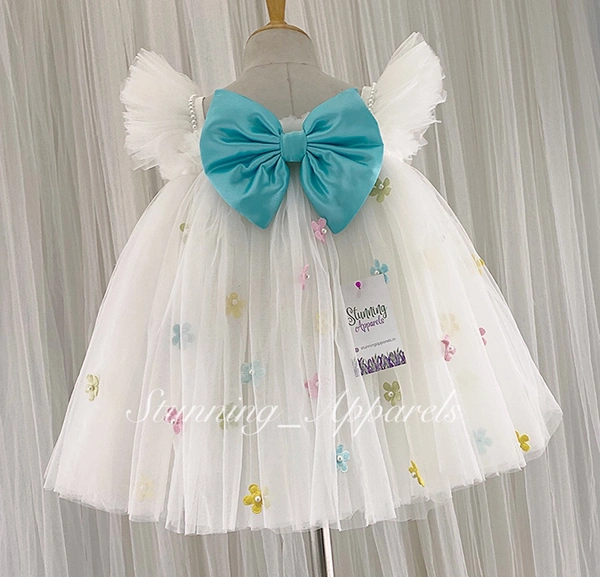 Multi Colour Flower Work Blue Satin Bow White Dress - 0-3 Month