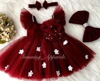 White Flower Work Strapped Ruffled Sleeves Maroon Dress  - 0-3 Month