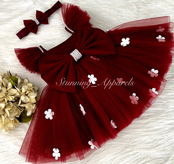White Flower Work Strapped Ruffled Sleeves Maroon Dress  - 6-9 Month