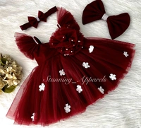 White Flower Work Strapped Ruffled Sleeves Maroon Dress  - 6-9 Month