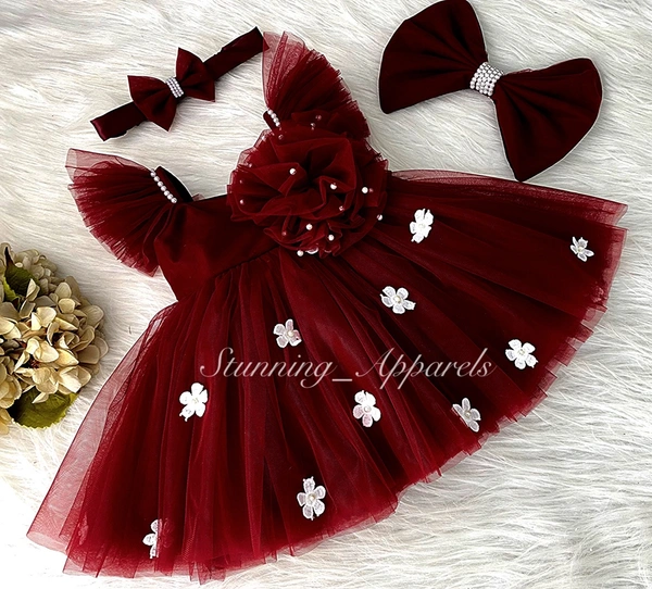 White Flower Work Strapped Ruffled Sleeves Maroon Dress  - 6-9 Month