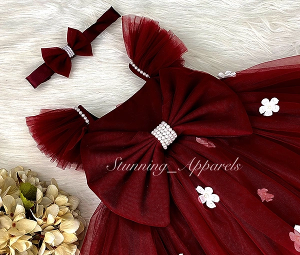 White Flower Work Strapped Ruffled Sleeves Maroon Dress  - 6-9 Month