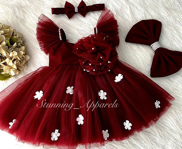 White Flower Work Strapped Ruffled Sleeves Maroon Dress  - 2-3 Years