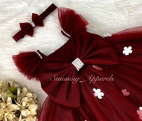 White Flower Work Strapped Ruffled Sleeves Maroon Dress  - 2-3 Years