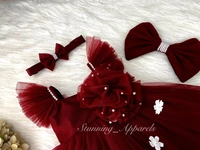White Flower Work Strapped Ruffled Sleeves Maroon Dress  - 2-3 Years