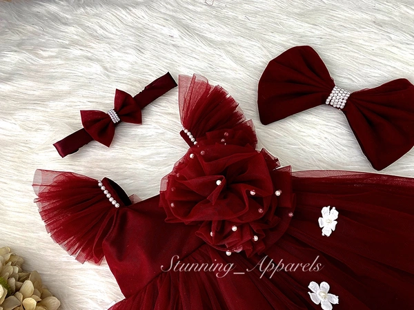 White Flower Work Strapped Ruffled Sleeves Maroon Dress  - 2-3 Years