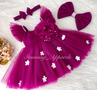 White Flower Work Strapped Ruffled Sleeves Datk Mahenta Pink Dress  - 2-3 Years