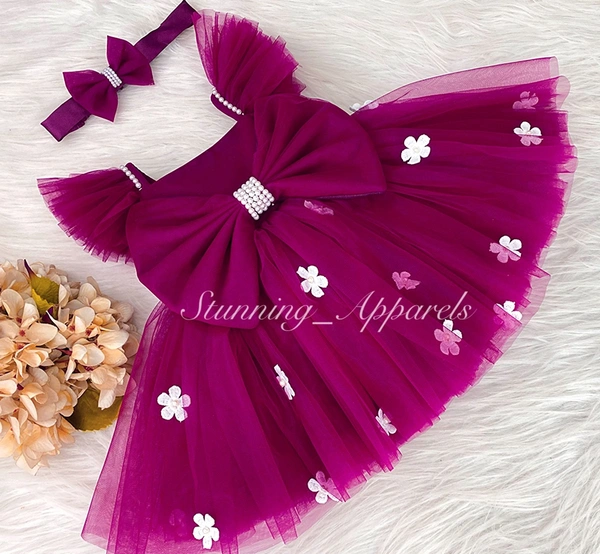 White Flower Work Strapped Ruffled Sleeves Datk Mahenta Pink Dress  - 4-5 Years
