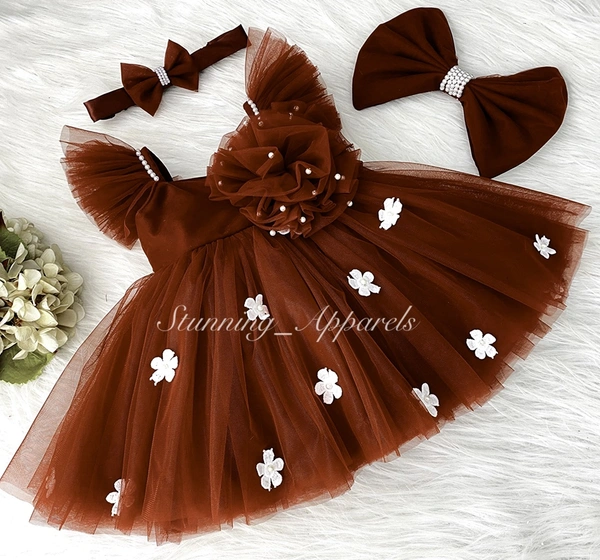 White Flower Work Strapped Ruffled Sleeves Iron Rust Dress - 3-6 Month