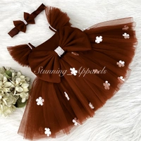 White Flower Work Strapped Ruffled Sleeves Iron Rust Dress - 3-6 Month