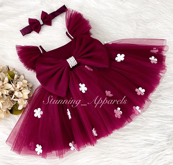 White Flower Work Ruby Red Dress - 2-3 Years