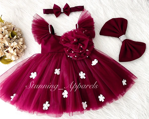 White Flower Work Ruby Red Dress - 2-3 Years