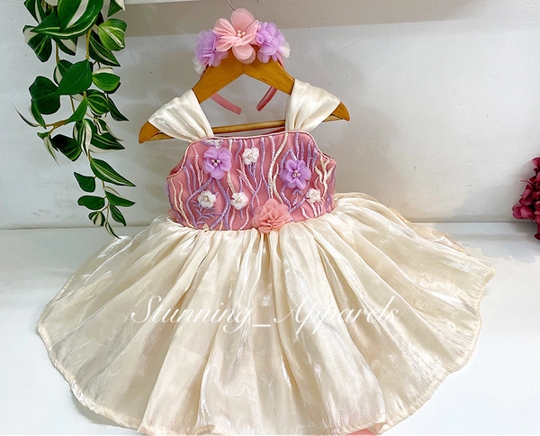 Gorgeous Flower Work Peach And Cream Combination Dress - 3-6 Month