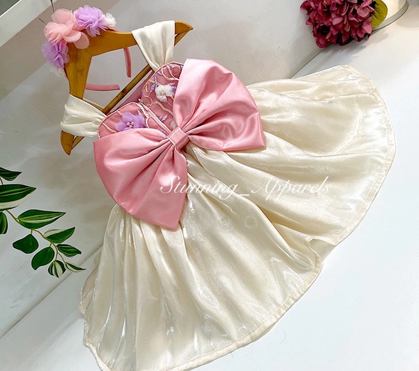 Gorgeous Flower Work Peach And Cream Combination Dress - 2-3 Years