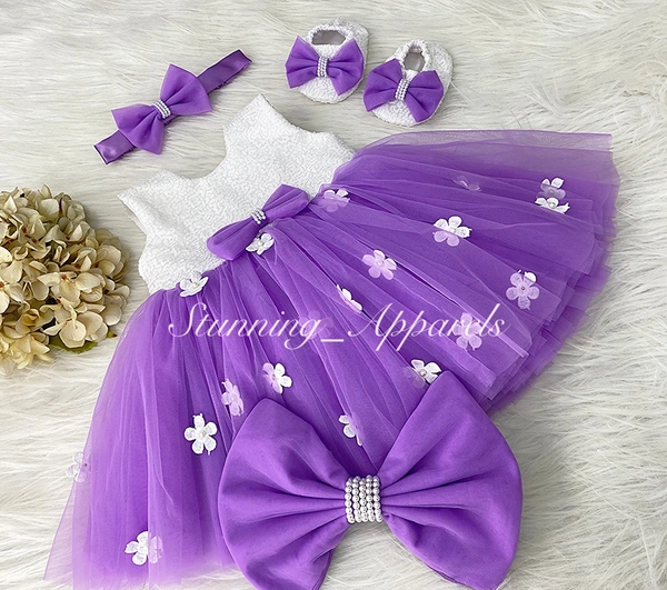 White Flower Work Milky Sequins Lavender Dress  - 0-3 Month