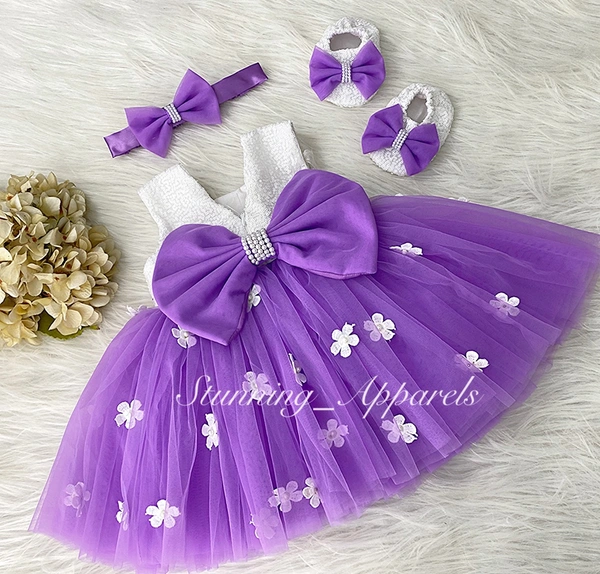 White Flower Work Milky Sequins Lavender Dress  - 0-3 Month