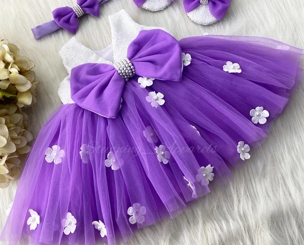 White Flower Work Milky Sequins Lavender Dress  - 6-9 Month
