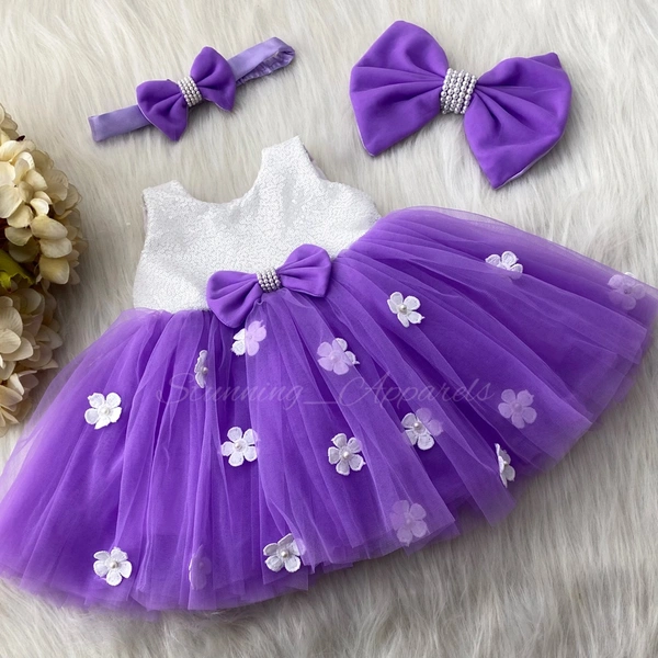 White Flower Work Milky Sequins Lavender Dress  - 2-3 Years
