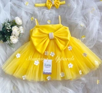 Strapped White Flower Work Dark Yellow Dress  - 0-3 Month