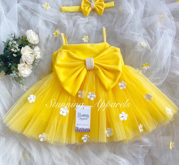 Strapped White Flower Work Dark Yellow Dress  - 0-3 Month