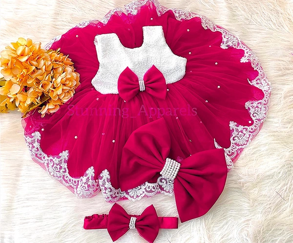 Bottom White Lace Work Magenta Dress  - 0-3 Month