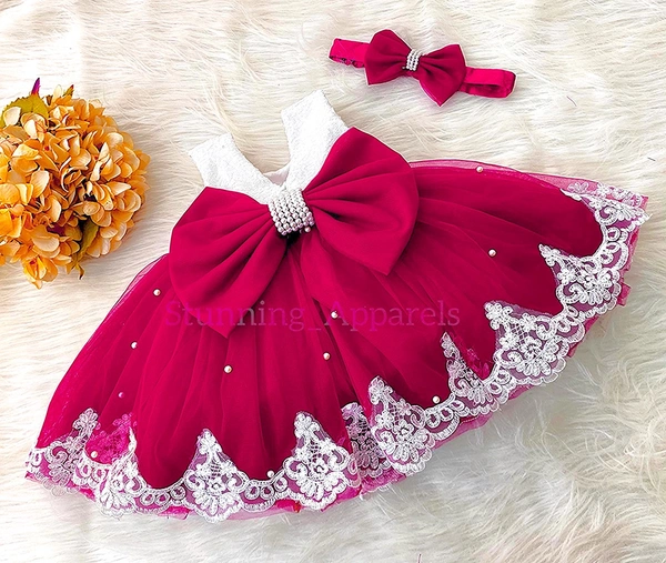 Bottom White Lace Work Magenta Dress  - 0-3 Month