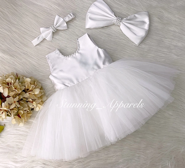 Big White Pearls Work Details White Dress  - 0-3 Month