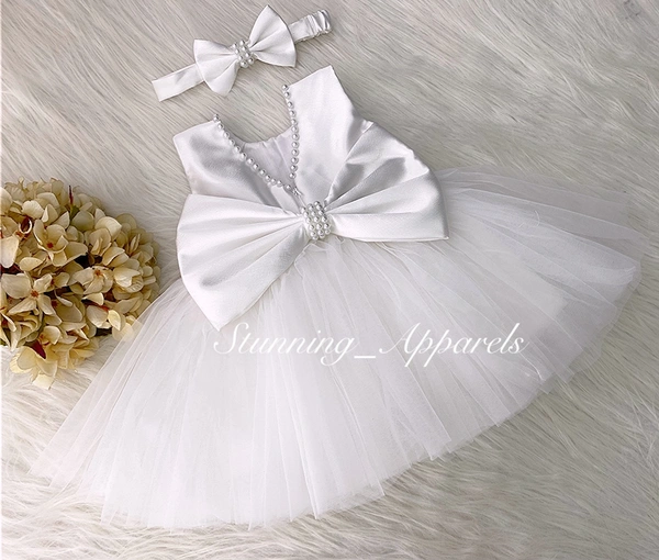 Big White Pearls Work Details White Dress  - 9-12 Month
