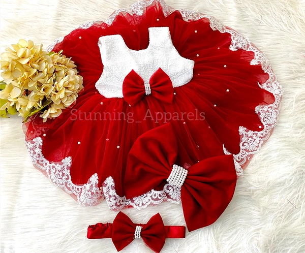 Bottom White Lace Work Red Dress  - 9-12 Month