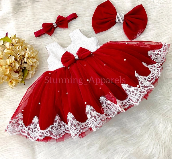 Bottom White Lace Work Red Dress  - 9-12 Month