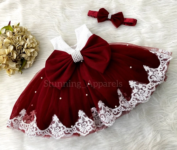 Bottom White Lace Work Maroon Dress  - 3-6 Month
