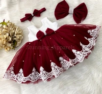 Bottom White Lace Work Maroon Dress  - 3-6 Month